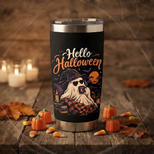 Hello Halloween Cute Ghost Drinking Coffee Insulated Tumbler