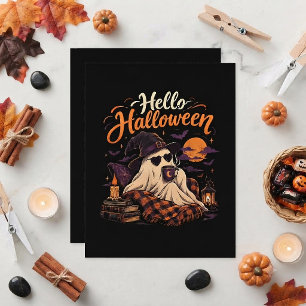 Hello Halloween Cute Ghost Drinking Coffee Invitation