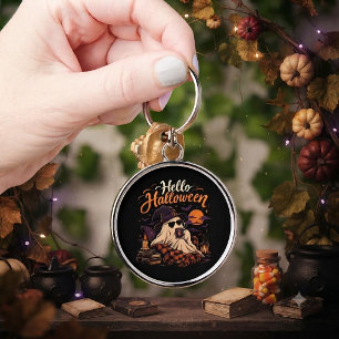 Hello Halloween Cute Ghost Drinking Coffee Key Ring