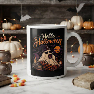 Hello Halloween Cute Ghost Drinking Coffee Large Coffee Mug