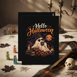 Hello Halloween Cute Ghost Drinking Coffee Postcard