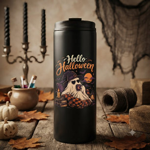 Hello Halloween Cute Ghost Drinking Coffee Thermal Tumbler