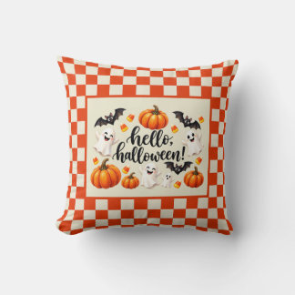 Hello Halloween Ghosts Bats Pumpkins Chequered Fle Cushion