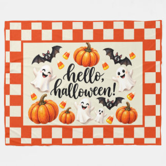 Hello Halloween Ghosts Bats Pumpkins Chequered Fle Fleece Blanket