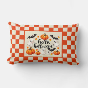 Hello Halloween Ghosts Bats Pumpkins Chequered Fle Lumbar Cushion