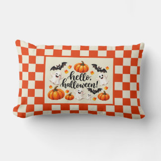 Hello Halloween Ghosts Bats Pumpkins Chequered Fle Lumbar Cushion
