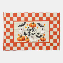 Hello Halloween Ghosts Bats Pumpkins Chequered Fle