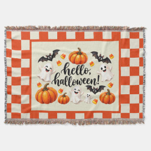 Hello Halloween Ghosts Bats Pumpkins Chequered Fle Throw Blanket