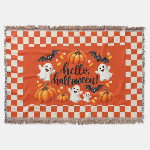 Hello Halloween Ghosts & Pumpkins Chequered Throw Blanket
