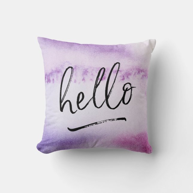 hello hand-lettered violet watercolour pillow (Front)