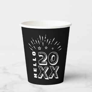 Hello Happy New Year Fireworks Black White Stars Paper Cups