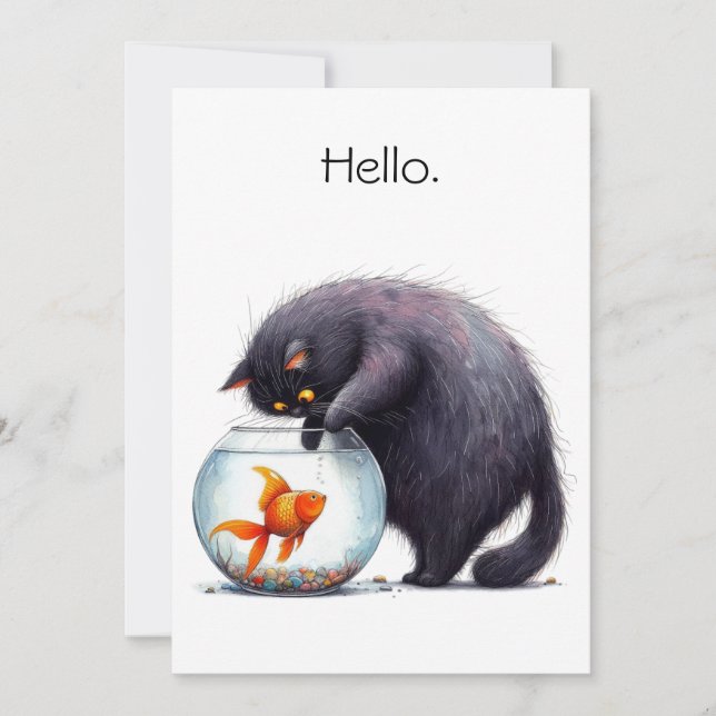 Hello Hi Black Cat and Goldfish Bowl Funny Card (Front)