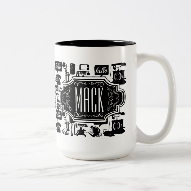 Hello Hipster Retro Telephone Pattern Two-Tone Coffee Mug (Right)