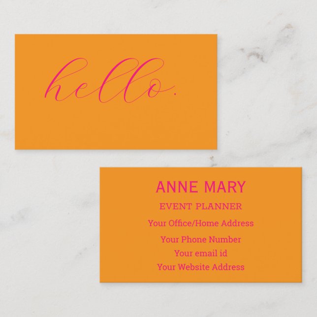 Hello Hot Pink Orange Typography Script Colourful Business Card (Front/Back)