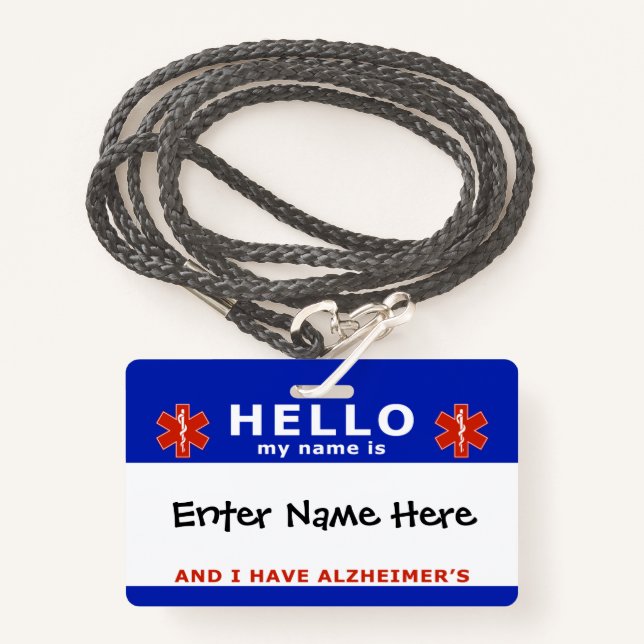 HELLO i have alzheimers emergency info ID Badge (Front with Lanyard)