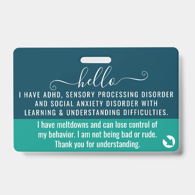 hello i have TOURETTE SYNDROME disability id Badge (Front)