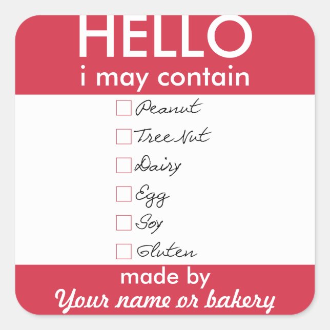 Hello I May Contain Allergens Personalised Bakery Square Sticker (Front)