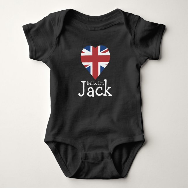 Hello I'm Jack! Union Jack heart flag UK Baby Bodysuit (Front)