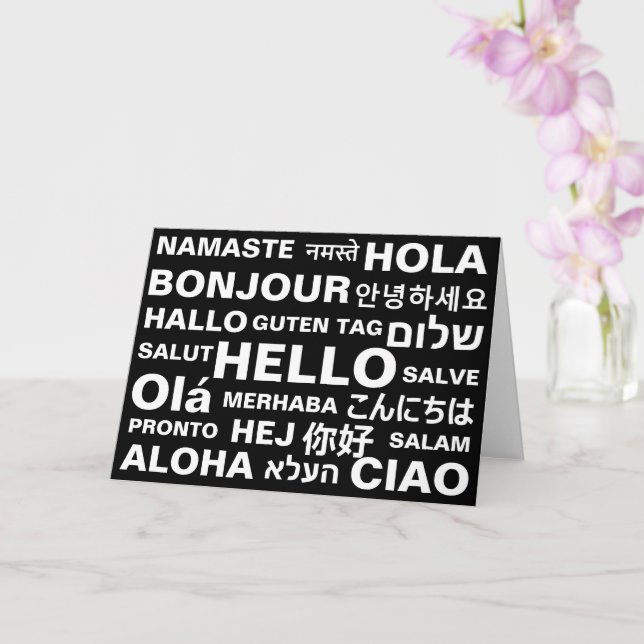 Hello in different languages black white modern card (Orchid)