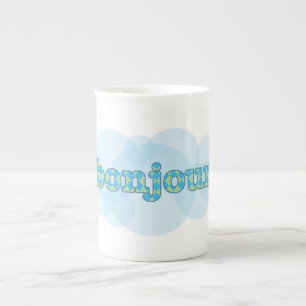 Hello in french bonjour with  argyle pattern bone china mug