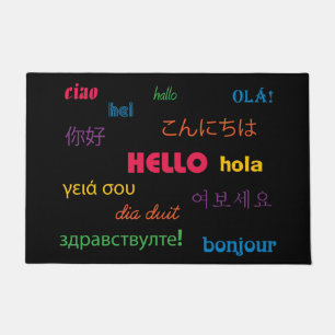 Hello in Many Languages Colourful Pink Blue Doormat