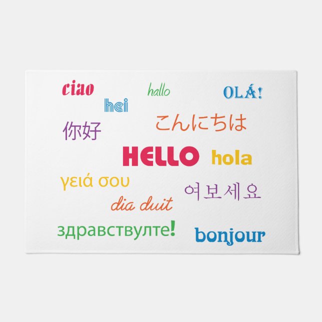 Hello in Many Languages Colourful White Doormat (Front)