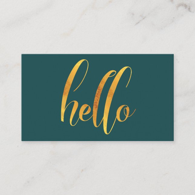 Hello Introduction Gold Brush Script Emerald Green Business Card (Front)