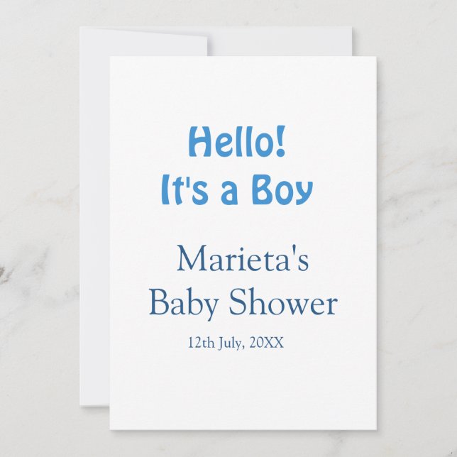 Hello ITS A BOY BABY SHOWER BLUE NAME DATE SIMPLE Invitation (Front)