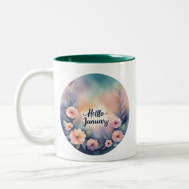 Hello January Pink Flowers Two-Tone Coffee Mug (Left)