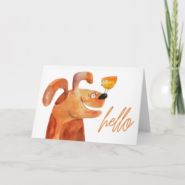 "Hello" Keeping in Touch Puppy & Bird Blank Card (Front)