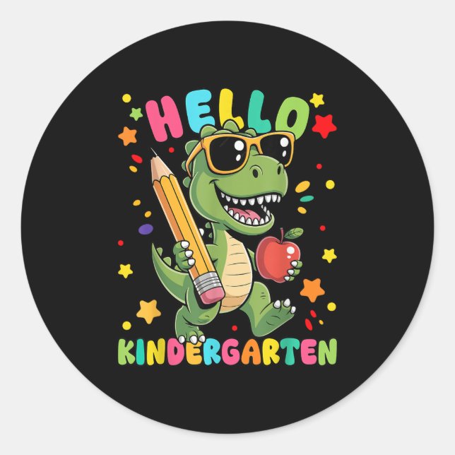 Hello Kindergarten Dinosaur First Day Back To Scho Classic Round Sticker (Front)