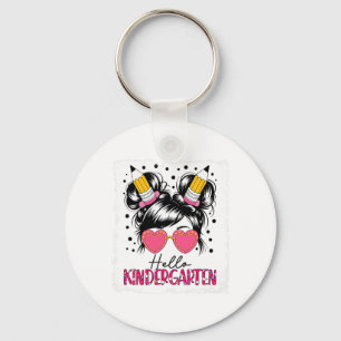 Hello Kindergarten Messy Bun Girls Back To School Key Ring