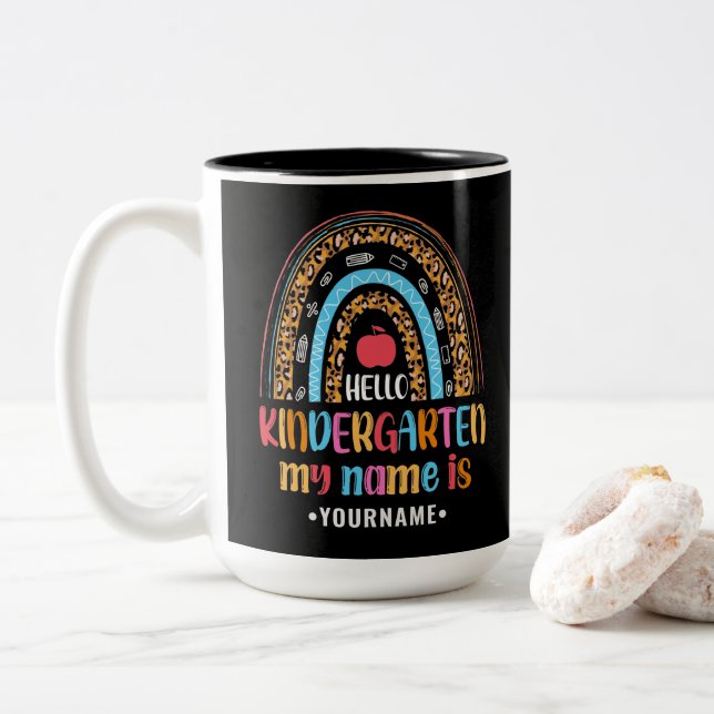 Hello Kindergarten Rainbow First Day of School Two-Tone Coffee Mug (With Donut)