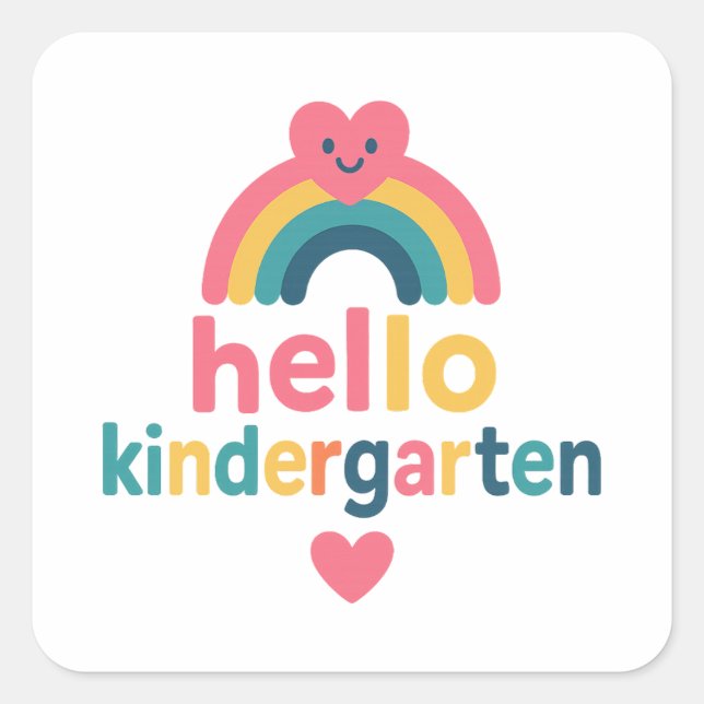 Hello Kindergarten Rainbow Heart Back To School Square Sticker (Front)