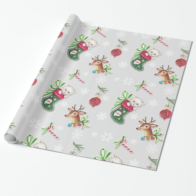 Hello Kitten Christmas Wrapping Paper on Grey (Unrolled)