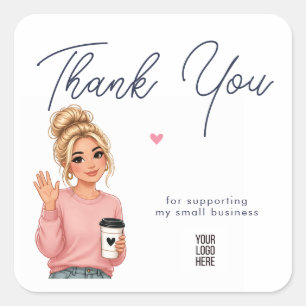 Hello Lady Round Thank You Sticker   Cute Woman 