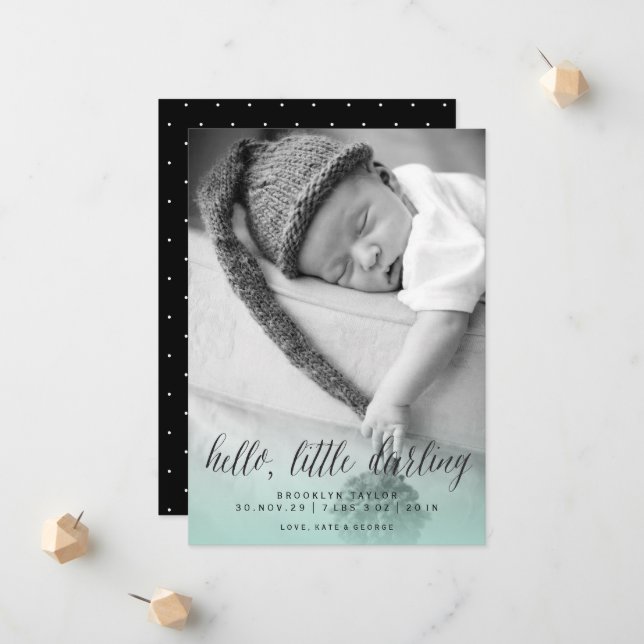 Hello Little Darling Aqua Blue Photo Boy Birth Announcement (Front/Back In Situ)