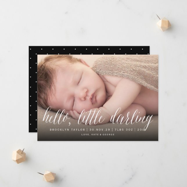 Hello Little Darling Simple Minimalist Photo Birth Announcement (Front/Back In Situ)