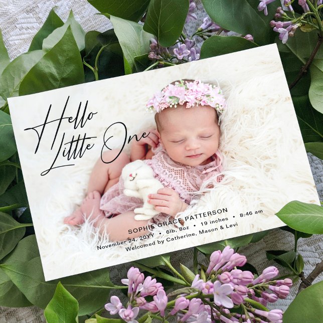 Hello Little One Elegant Script Photo Birth Announcement (Creator Uploaded)