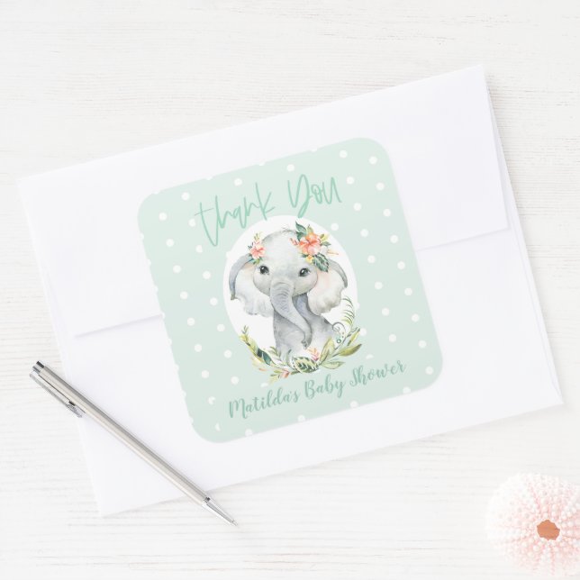 Hello little one thank you elephant baby shower square sticker (Envelope)