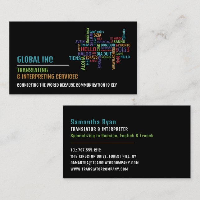 Hello Logo, Translator & Interpreter Business Card (Front/Back)