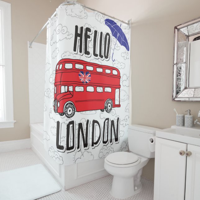 Hello London | Hand Lettered Sign With Umbrella Shower Curtain (In Situ)