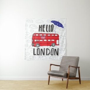 Hello London   Hand Lettered Sign With Umbrella Tapestry