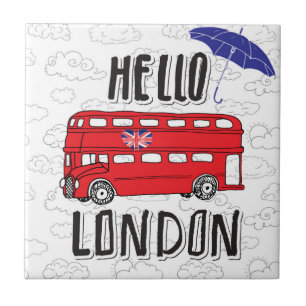 Hello London   Hand Lettered Sign With Umbrella Tile