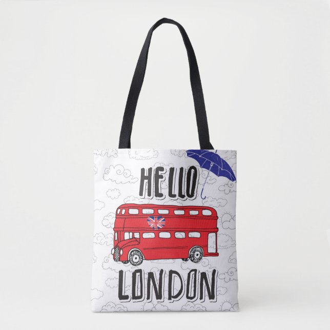Hello London | Hand Lettered Sign With Umbrella Tote Bag (Front)