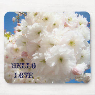 Hello Love mousepad White Pink Blossoms Valentines