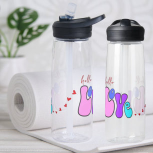 "Hello Love" Retro 70's style font Red hearts  Water Bottle
