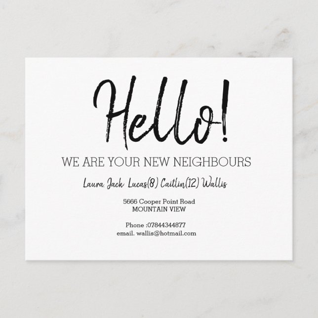 Hello meet the neighbours postcard (Front)