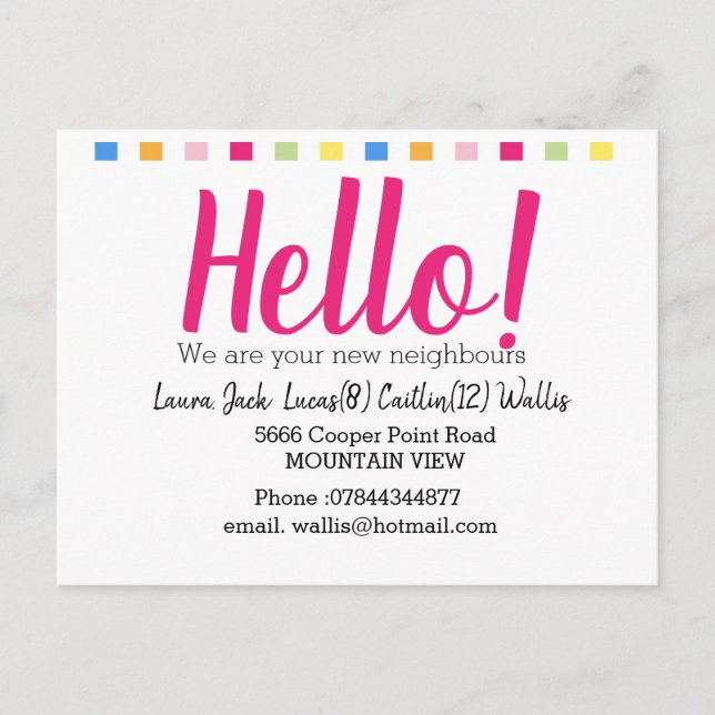 Hello meet the neighbours postcard (Front)