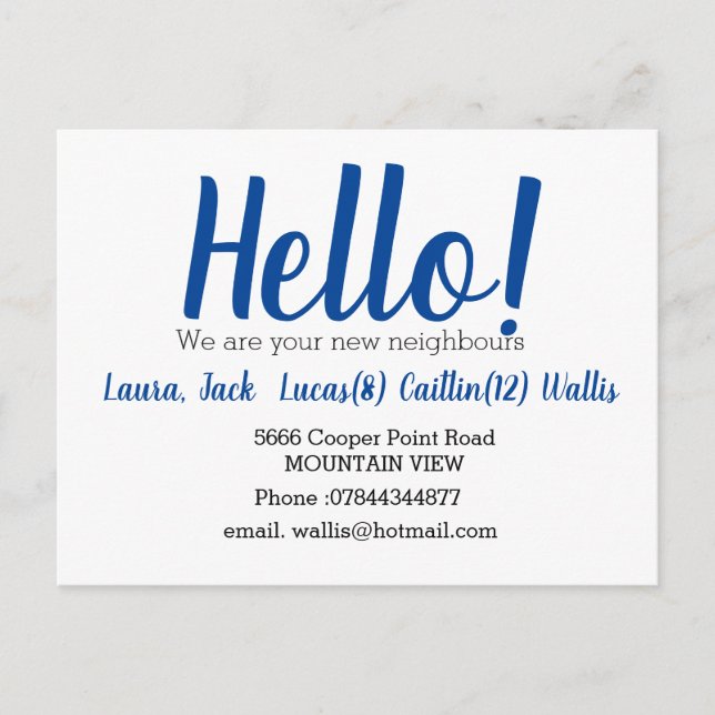 Hello meet the neighbours postcard (Front)